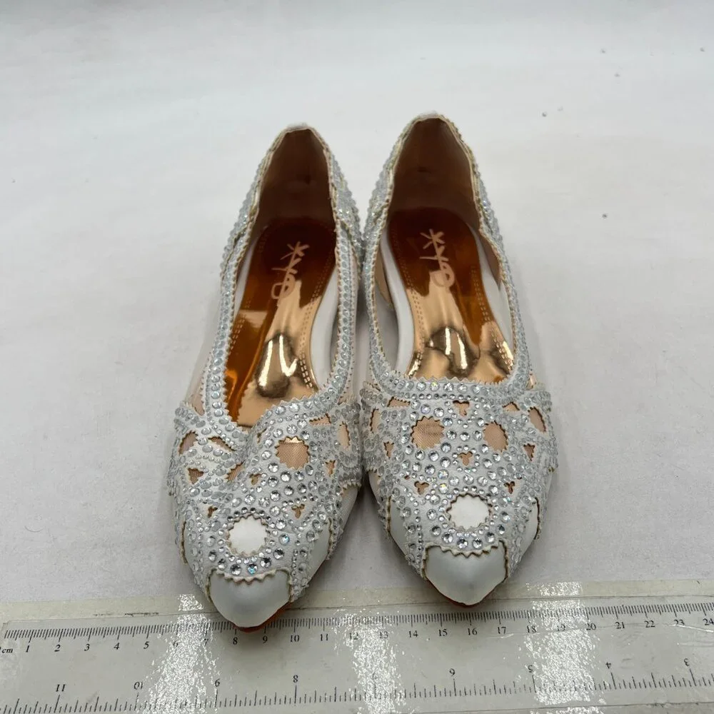 XYD White Pointed Toe Rhinestone Flats Mesh Slip-on Crystals Wedding Bride Shoes - Picture 3 of 8